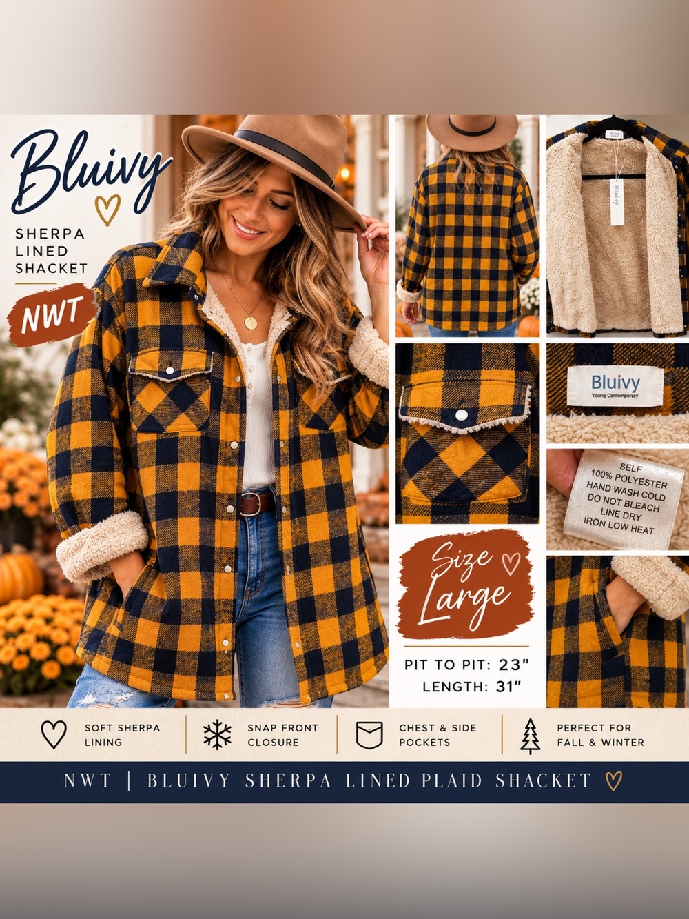NWT Bluivy Sherpa Lined Plaid Shacket Jacket Gold Navy Size Large